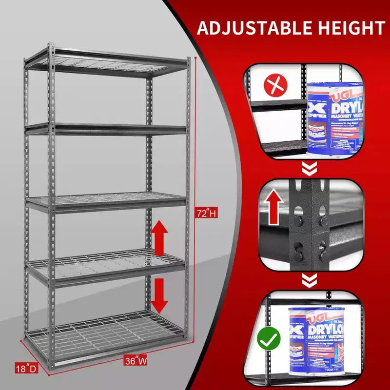 Étagère Atlas 5 niveaux 36"x18"x72" en acier sans boulons, charge 4000 lb avec plateau en fil métallique, finition martelée
