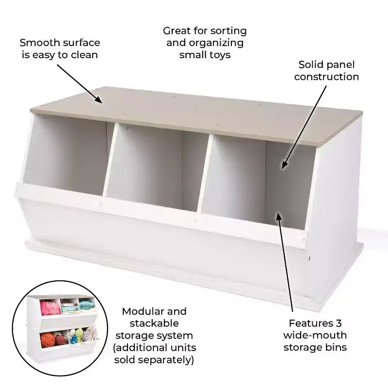 Meuble de rangement empilable à trois bacs Badger Basket Blanc/Grain de bois gris