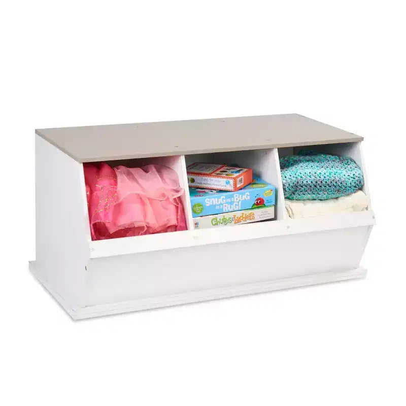 Meuble de rangement empilable à trois bacs Badger Basket Blanc/Grain de bois gris