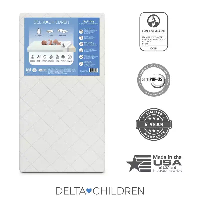 Matelas Delta Children 2 étapes pour lit de bébé et tout-petit Night Sky – Certifié Greenguard Gold, mousse certifiée CertiPUR-US – Gris
