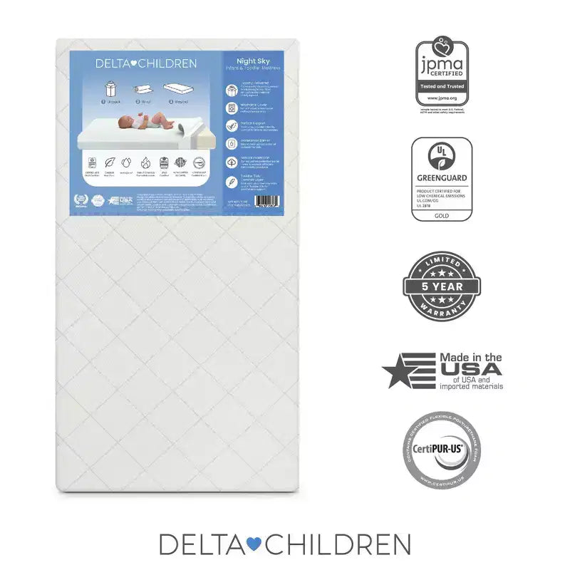 Matelas Delta Children 2 étapes pour lit de bébé et tout-petit Night Sky – Certifié Greenguard Gold, mousse certifiée CertiPUR-US – Gris