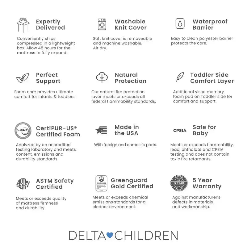 Matelas Delta Children 2 étapes pour lit de bébé et tout-petit Night Sky – Certifié Greenguard Gold, mousse certifiée CertiPUR-US – Gris