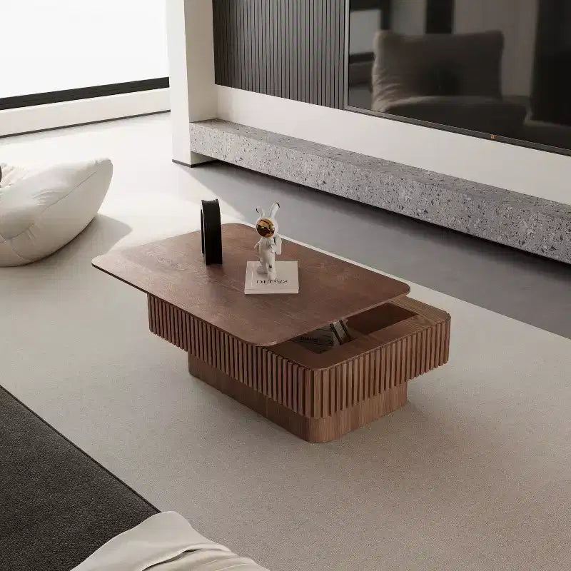JVNOXK Table basse à plateau relevable cannelé de 98 cm avec rangement, placage bois massif, hauteur réglable, table d'appoint moderne pour salon, chambre, noyer