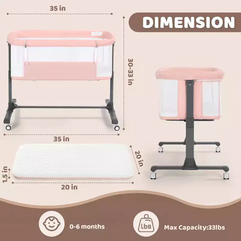 Berceau pour bébé avec roulettes - Beige / Gris / Rose, cododo, pour 1 bébé