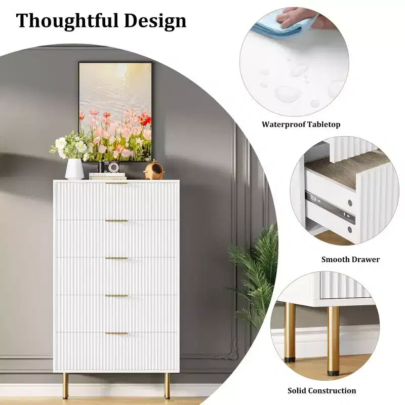 Commode 5 tiroirs blanc / marbre et bois – Panneau cannelé, pour usage individuel