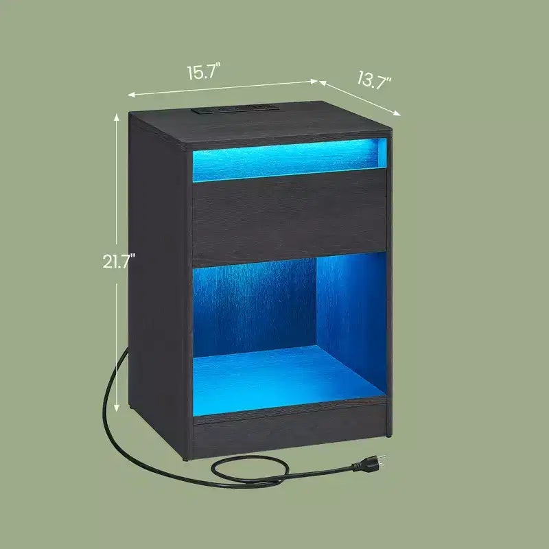 Table de chevet avec station de recharge, Table de chevet avec tiroir, Table d'appoint moderne avec lumières LED réglables
