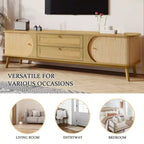 Rattan TV Stand for TVs up to 75'', Entertainment Center with Cabinet & Drawers, Media TV Console Table with Solid Wood Legs for Living Room Bedroom