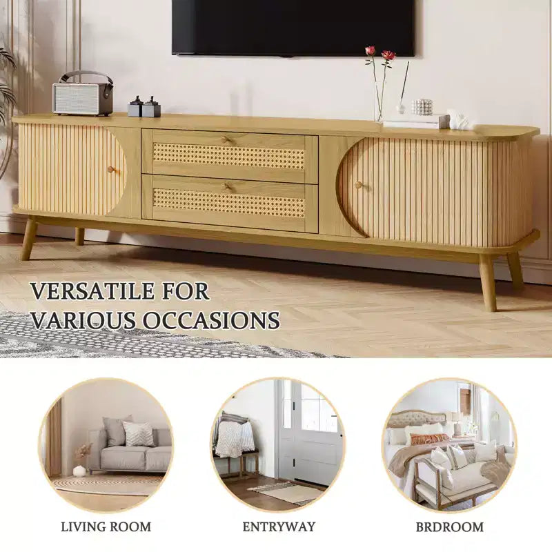 Rattan TV Stand for TVs up to 75'', Entertainment Center with Cabinet & Drawers, Media TV Console Table with Solid Wood Legs for Living Room Bedroom