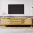 Meuble TV en rotin pour téléviseurs jusqu'à 75'', Meuble TV avec placard et tiroirs, Console TV multimédia avec pieds en bois massif pour salon ou chambre à coucher