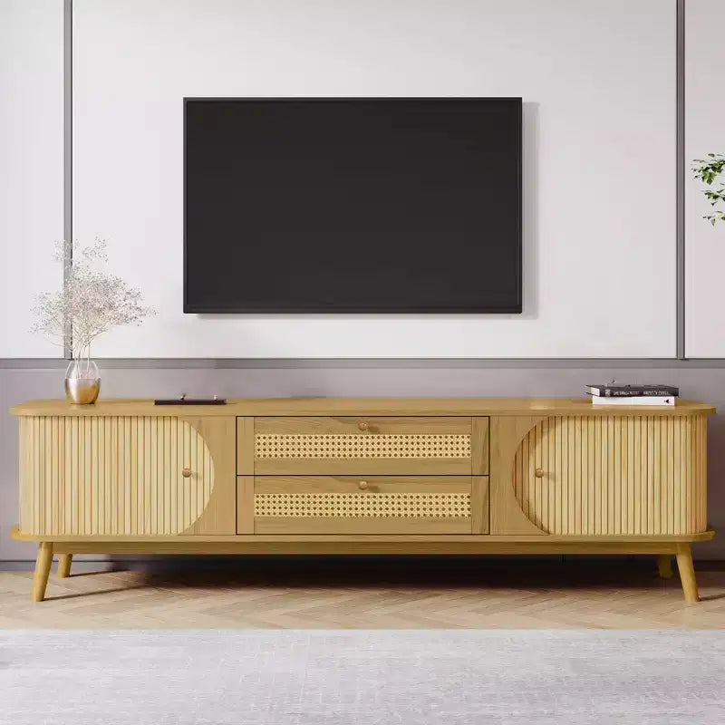 Meuble TV en rotin pour téléviseurs jusqu'à 75'', Meuble TV avec placard et tiroirs, Console TV multimédia avec pieds en bois massif pour salon ou chambre à coucher