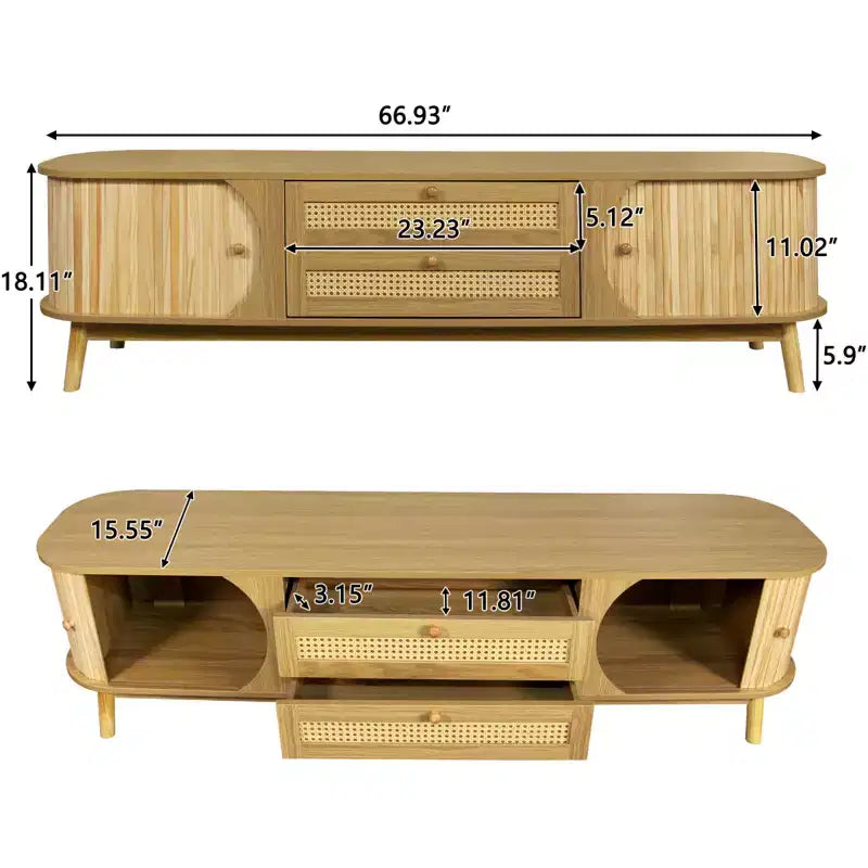 Meuble TV en rotin pour téléviseurs jusqu'à 75'', Meuble TV avec placard et tiroirs, Console TV multimédia avec pieds en bois massif pour salon ou chambre à coucher