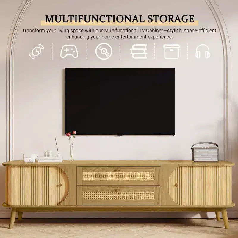 Meuble TV en rotin pour téléviseurs jusqu'à 75'', Meuble TV avec placard et tiroirs, Console TV multimédia avec pieds en bois massif pour salon ou chambre à coucher