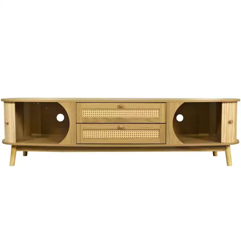 Meuble TV en rotin pour téléviseurs jusqu'à 75'', Meuble TV avec placard et tiroirs, Console TV multimédia avec pieds en bois massif pour salon ou chambre à coucher