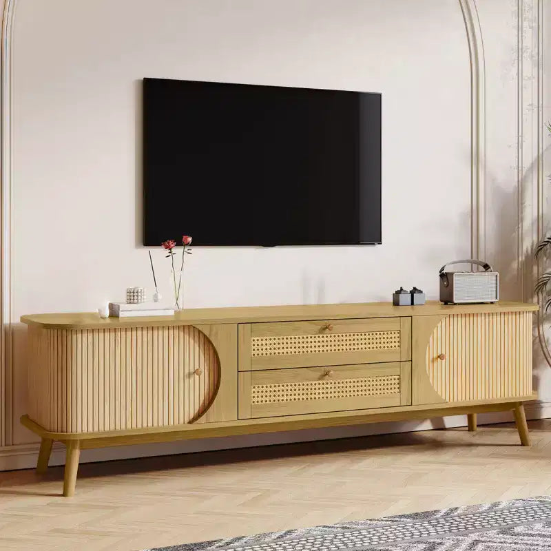 Meuble TV en rotin pour téléviseurs jusqu'à 75'', Meuble TV avec placard et tiroirs, Console TV multimédia avec pieds en bois massif pour salon ou chambre à coucher