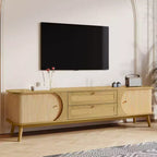 Meuble TV en rotin pour téléviseurs jusqu'à 75'', Meuble TV avec placard et tiroirs, Console TV multimédia avec pieds en bois massif pour salon ou chambre à coucher