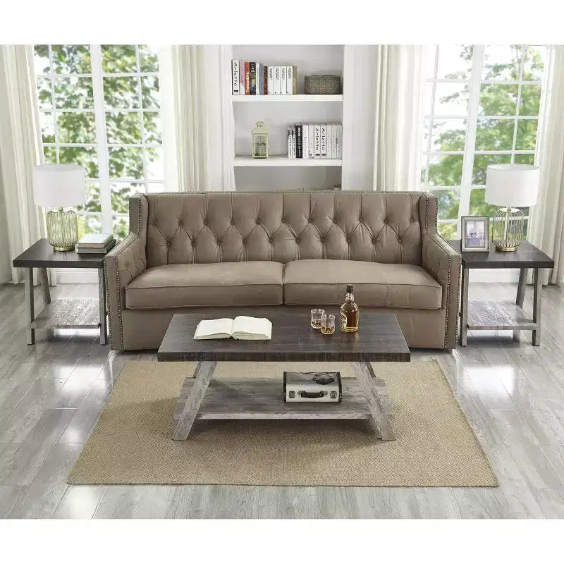Table basse d'appoint contemporaine Roundhill Furniture Athens de 3 pièces avec étagère en bois, finition noyer vieilli et gris