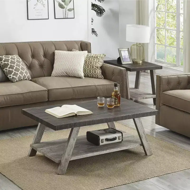 Table basse d'appoint contemporaine Roundhill Furniture Athens de 3 pièces avec étagère en bois, finition noyer vieilli et gris