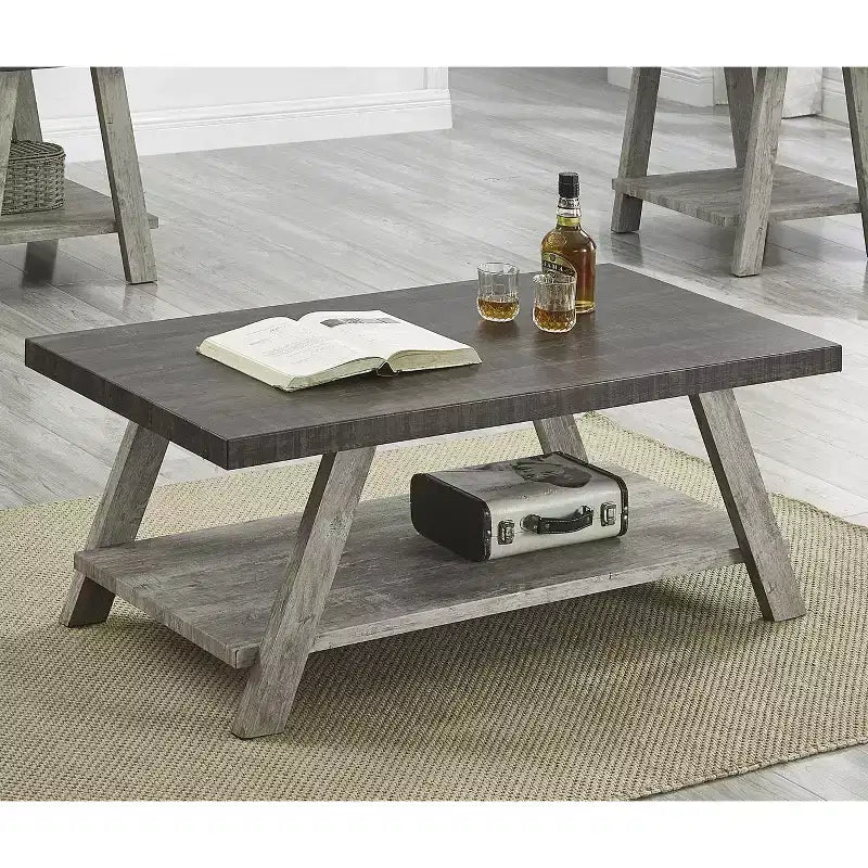 Table basse d'appoint contemporaine Roundhill Furniture Athens de 3 pièces avec étagère en bois, finition noyer vieilli et gris