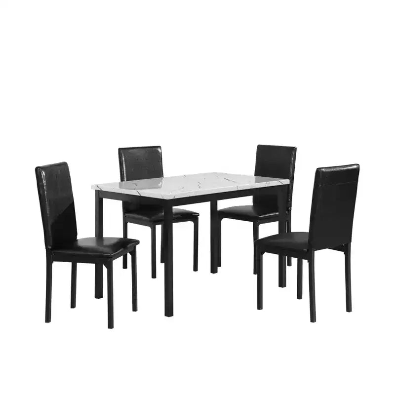 Ensemble de salle à manger en métal Citico de Roundhill Furniture avec plateau en faux marbre stratifié, table blanche et chaises noires, 5 pièces