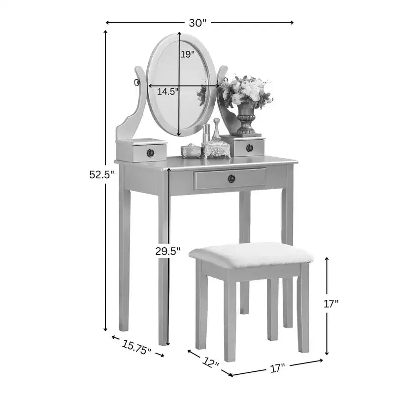 Moniys Wood Moniya Coiffeuse et tabouret, Argent