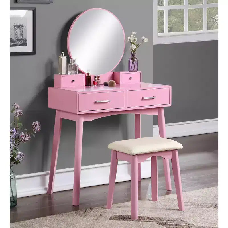 Ensemble coiffeuse et tabouret en bois contemporain Liannon, rose
