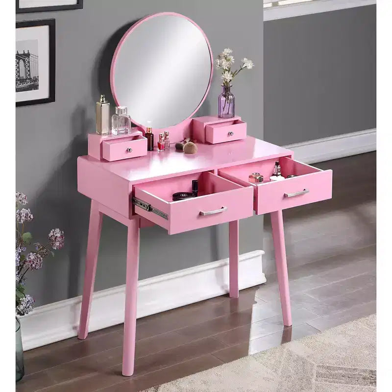 Ensemble coiffeuse et tabouret en bois contemporain Liannon, rose