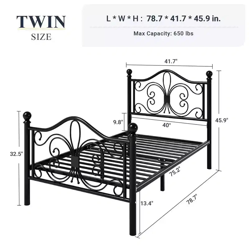 Cadre de lit en métal pour enfants Allewie avec tête et pied de lit papillon, aucun sommier tapissier requis