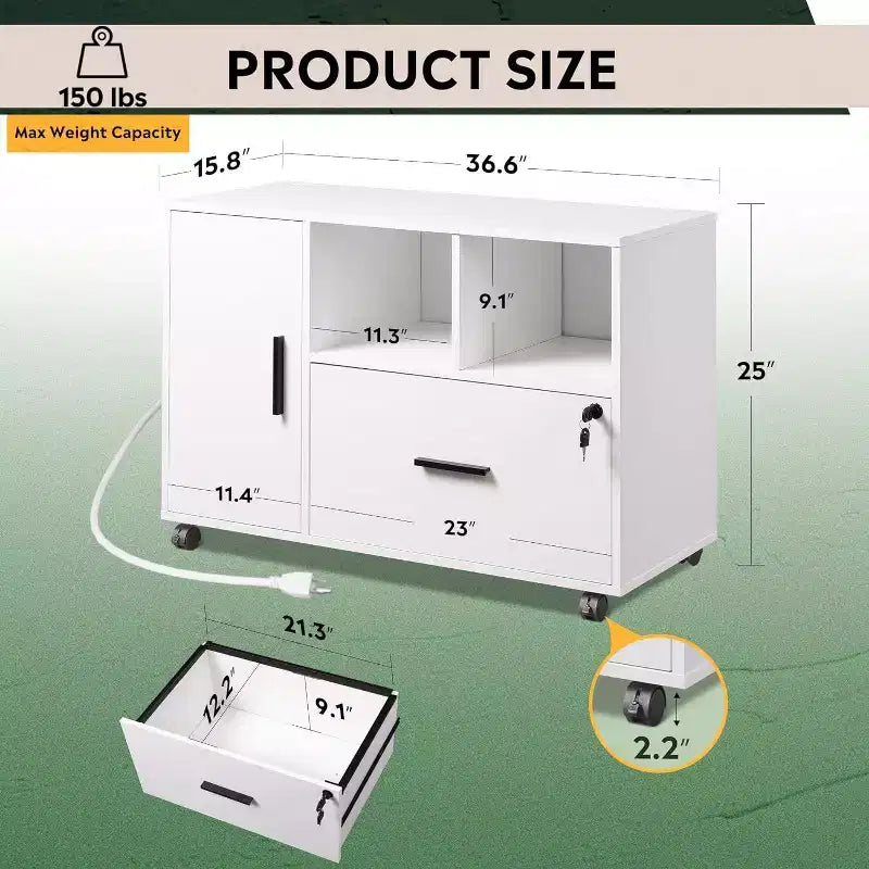 GALAXHERO Meuble de Rangement avec Station de Charge, Classeur à Roulettes à 1 Tiroir, Meuble de Classement Verrouillable pour Bureau à Domicile, Support d'Imprimante avec Rangement