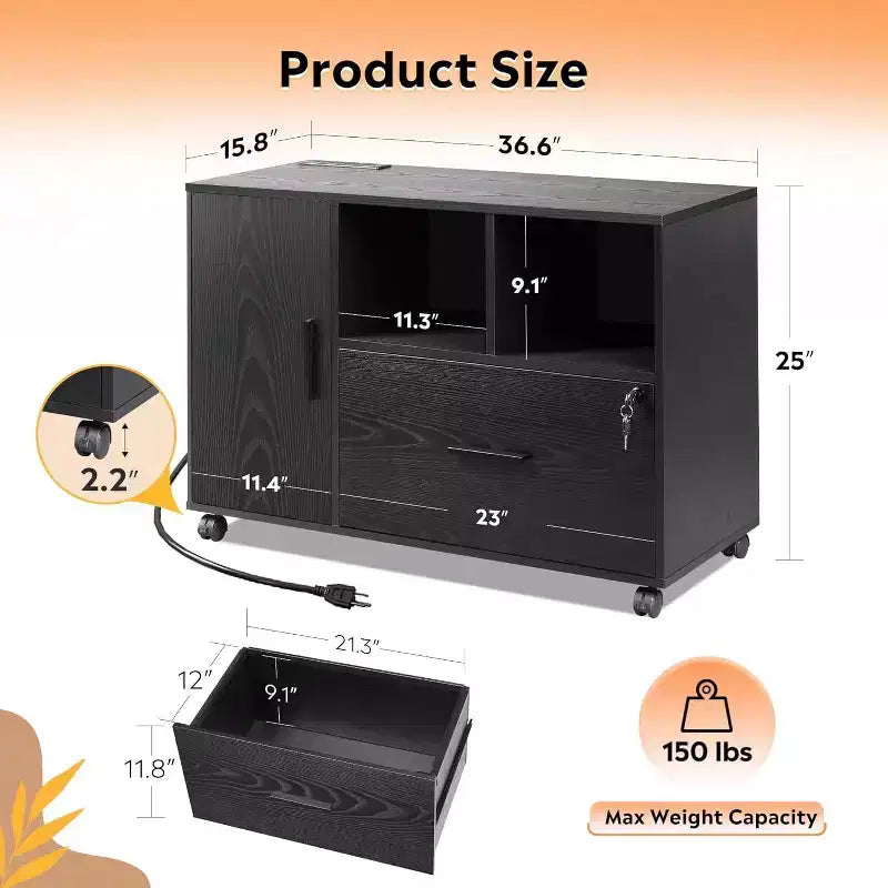 GALAXHERO Meuble de Rangement avec Station de Charge, Classeur à Roulettes à 1 Tiroir, Meuble de Classement Verrouillable pour Bureau à Domicile, Support d'Imprimante avec Rangement