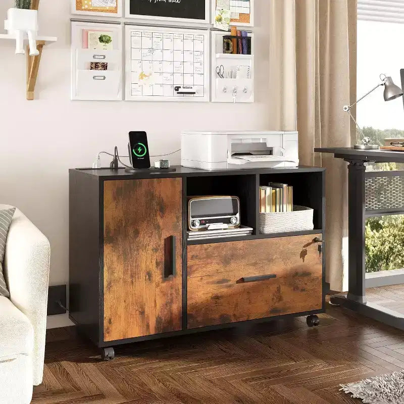 GALAXHERO Meuble de Rangement avec Station de Charge, Classeur à Roulettes à 1 Tiroir, Meuble de Classement Verrouillable pour Bureau à Domicile, Support d'Imprimante avec Rangement