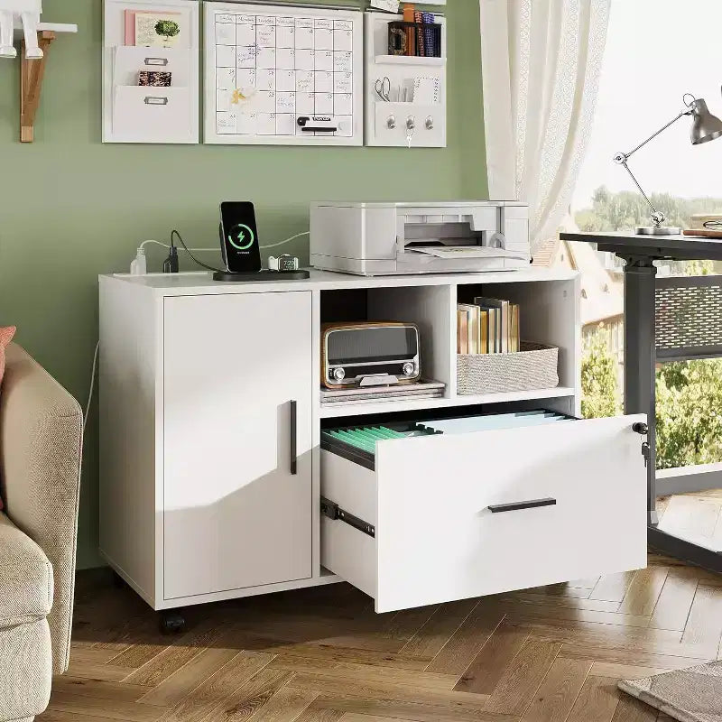 GALAXHERO Meuble de Rangement avec Station de Charge, Classeur à Roulettes à 1 Tiroir, Meuble de Classement Verrouillable pour Bureau à Domicile, Support d'Imprimante avec Rangement
