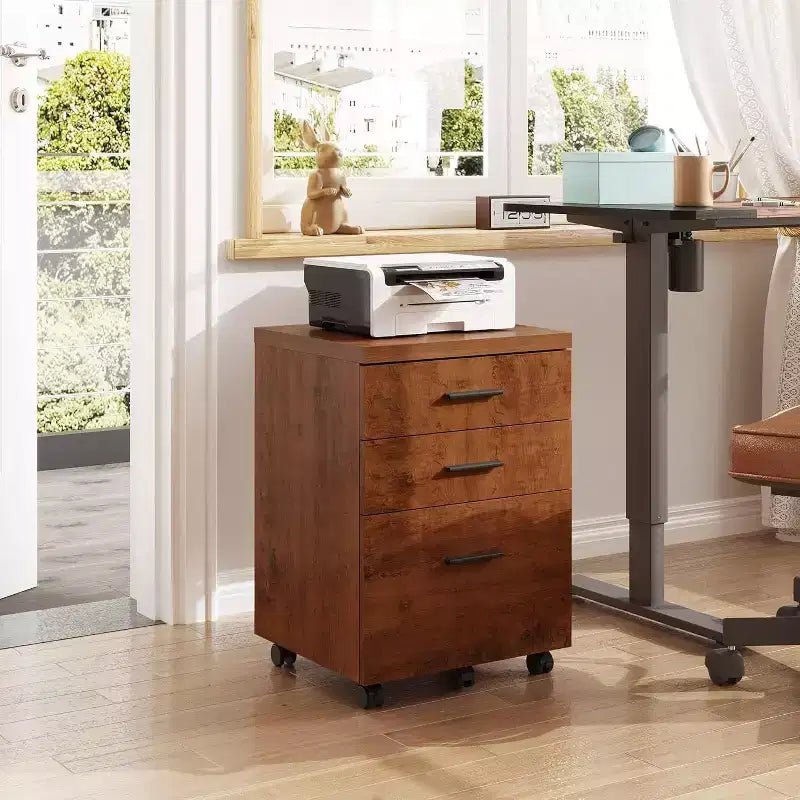 DEXYLLO Meuble Classeur à 3 Tiroirs pour Bureau à Domicile, Caisson de Classement en Bois Sous Bureau, Support d'Imprimante Roulant avec Roues