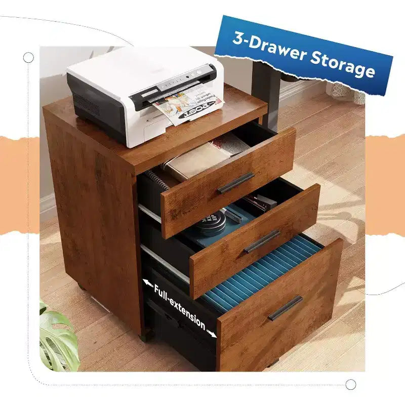 DEXYLLO Meuble Classeur à 3 Tiroirs pour Bureau à Domicile, Caisson de Classement en Bois Sous Bureau, Support d'Imprimante Roulant avec Roues