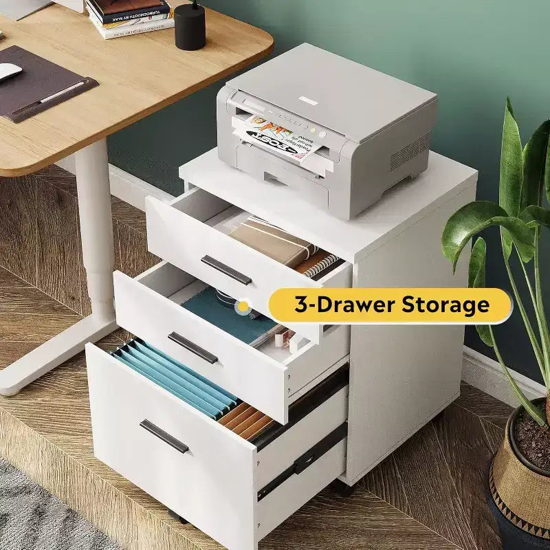 DEXYLLO Meuble Classeur à 3 Tiroirs pour Bureau à Domicile, Caisson de Classement en Bois Sous Bureau, Support d'Imprimante Roulant avec Roues