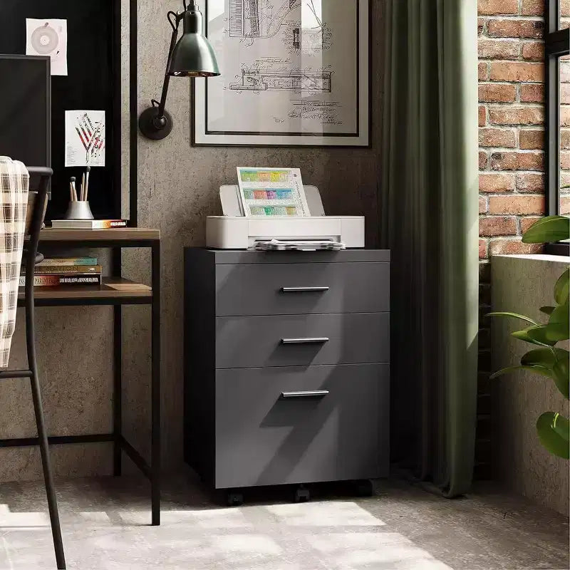 DEXYLLO Meuble Classeur à 3 Tiroirs pour Bureau à Domicile, Caisson de Classement en Bois Sous Bureau, Support d'Imprimante Roulant avec Roues