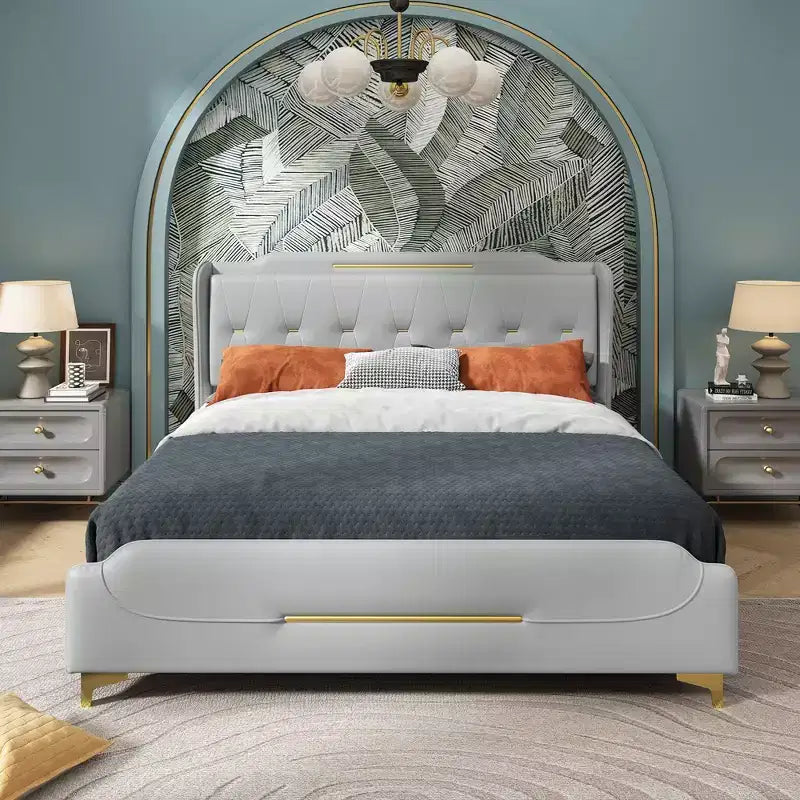 Lit rembourré moderne en similicuir Christopher Knight Home King avec tête de lit à oreilles
