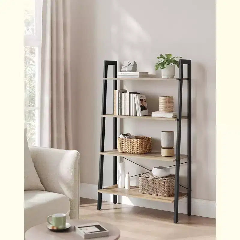 Étagère échelle, bibliothèque à 4 niveaux, étagère de rangement, bibliothèque avec cadre en acier, pour salon, bureau à domicile, cuisine, chambre à coucher, style industriel