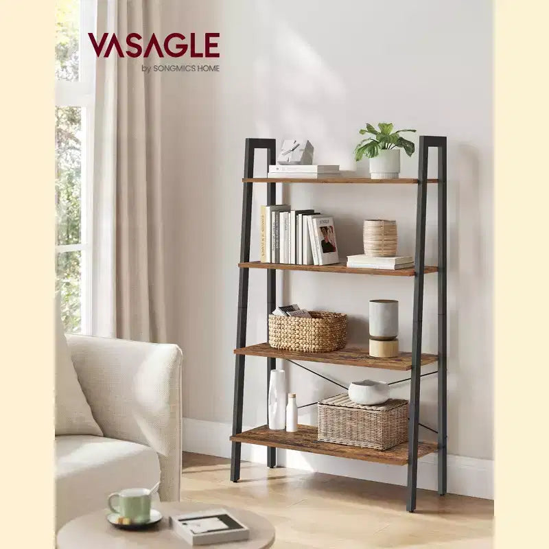 Étagère échelle, bibliothèque à 4 niveaux, étagère de rangement, bibliothèque avec cadre en acier, pour salon, bureau à domicile, cuisine, chambre à coucher, style industriel
