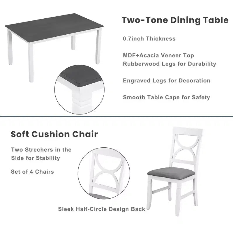 Ensemble de salle à manger 6 pièces Whisen Farmhouse en bois avec banc rembourré et 4 chaises de salle à manger - Gris+Blanc