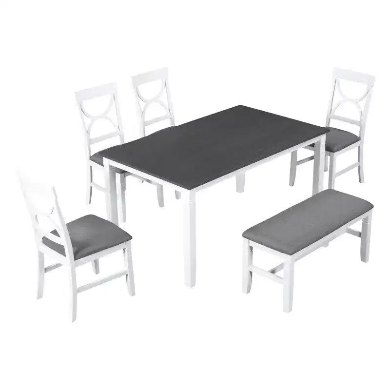 Ensemble de salle à manger 6 pièces Whisen Farmhouse en bois avec banc rembourré et 4 chaises de salle à manger - Gris+Blanc