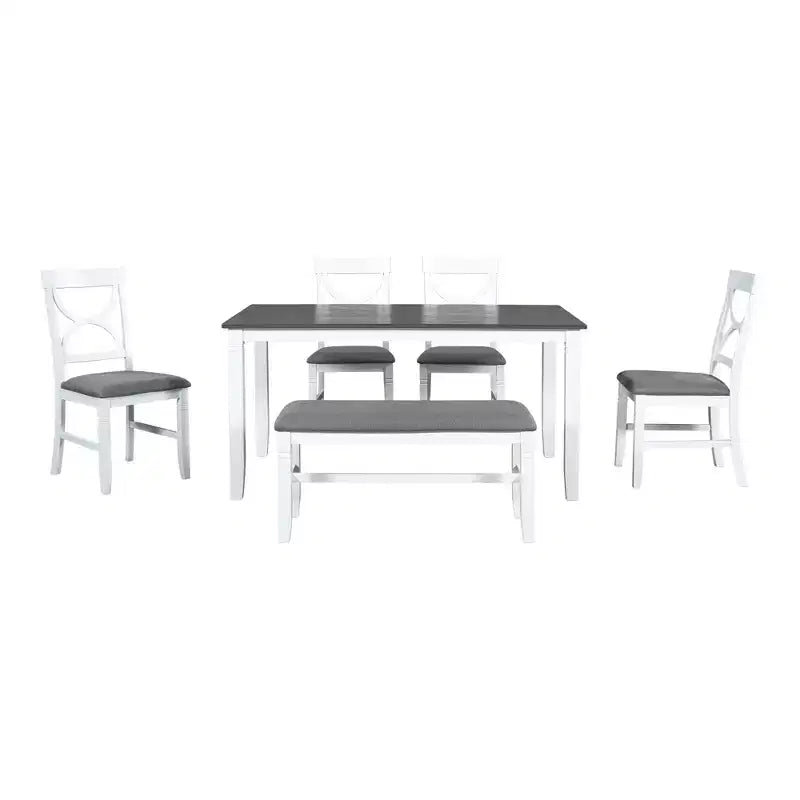 Ensemble de salle à manger 6 pièces Whisen Farmhouse en bois avec banc rembourré et 4 chaises de salle à manger - Gris+Blanc