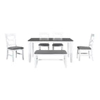Ensemble de salle à manger 6 pièces Whisen Farmhouse en bois avec banc rembourré et 4 chaises de salle à manger - Gris+Blanc