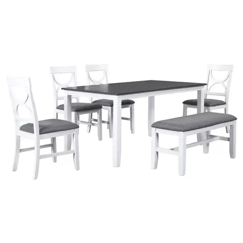 Ensemble de salle à manger 6 pièces Whisen Farmhouse en bois avec banc rembourré et 4 chaises de salle à manger - Gris+Blanc