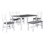 Ensemble de salle à manger 6 pièces Whisen Farmhouse en bois avec banc rembourré et 4 chaises de salle à manger - Gris+Blanc