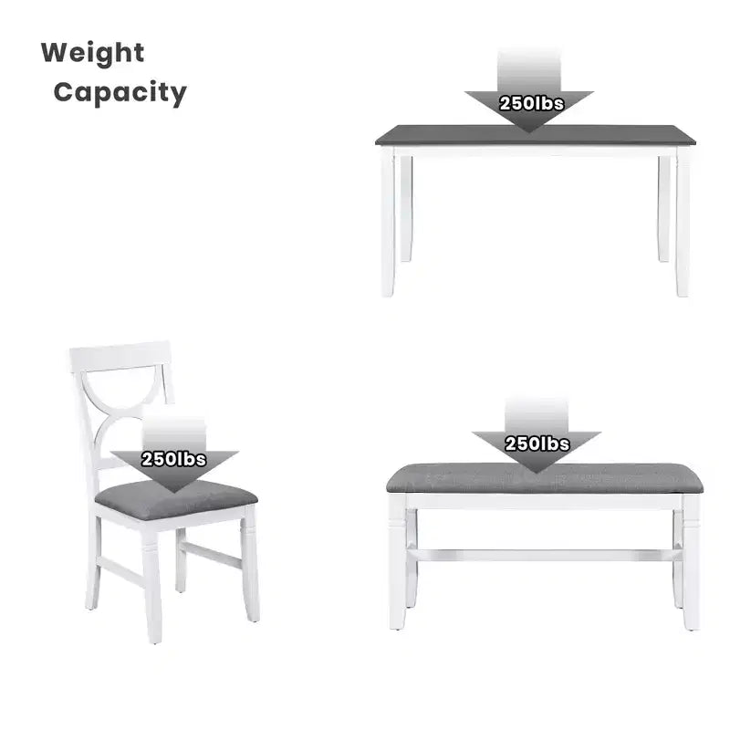 Ensemble de salle à manger 6 pièces Whisen Farmhouse en bois avec banc rembourré et 4 chaises de salle à manger - Gris+Blanc