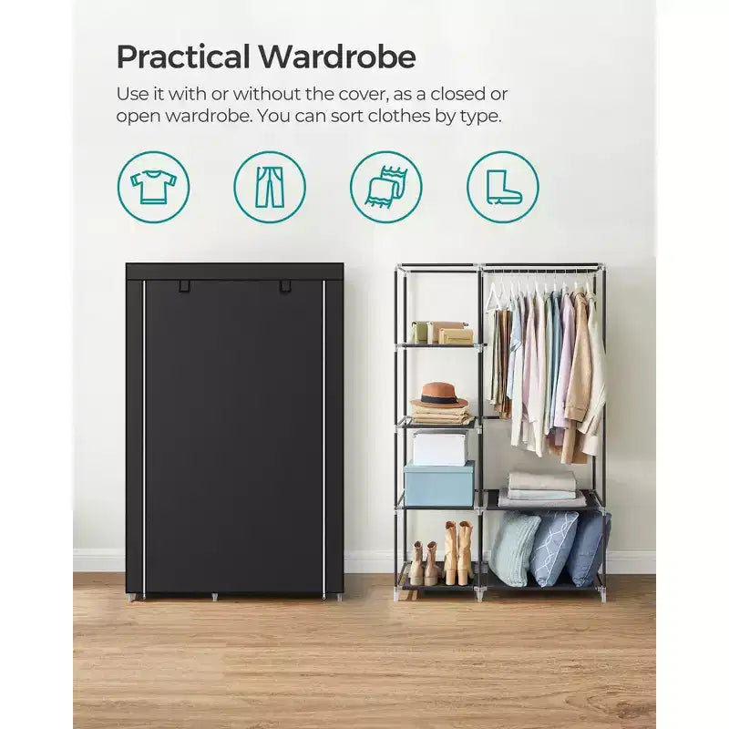 SONGMICS Armoire de Rangement Portable, Grande Capacité de 105 cm avec Housse en Tissu, Tringle de Suspension et Étagères, Noir