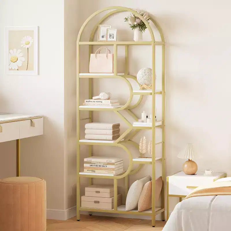 Garvee Bibliothèque 6 niveaux, étagère arquée 207,5 cm de haut, présentoirs, étagère de rangement ouverte géométrique, porte-livres unique, cadre en métal