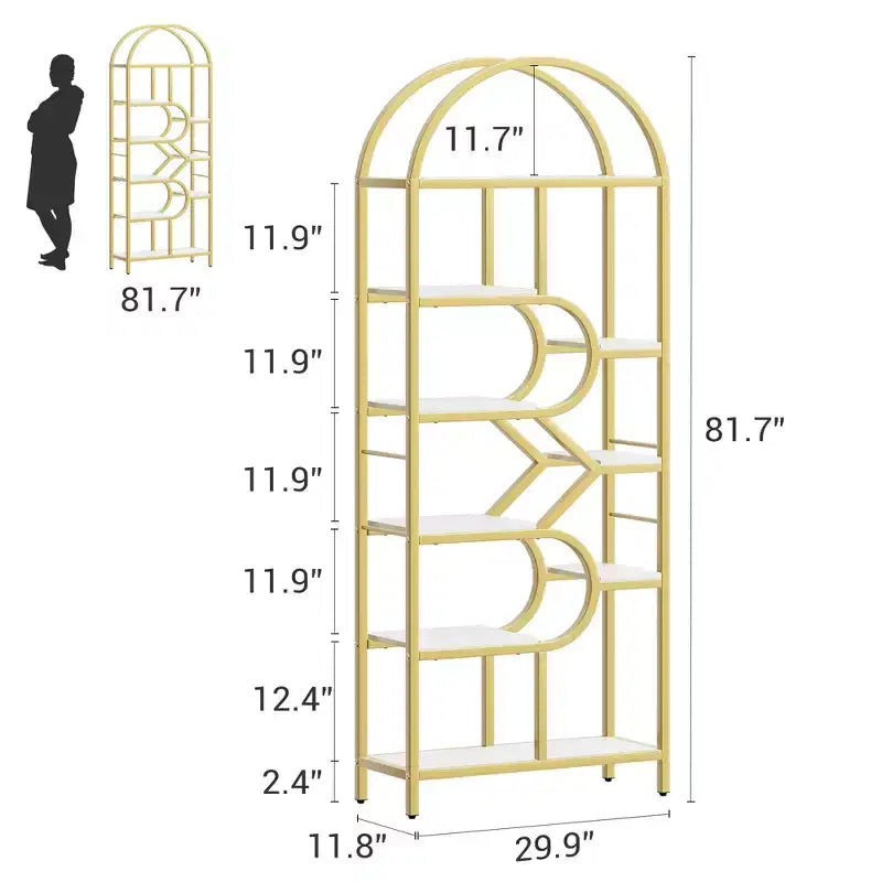 Garvee Bibliothèque 6 niveaux, étagère arquée 207,5 cm de haut, présentoirs, étagère de rangement ouverte géométrique, porte-livres unique, cadre en métal