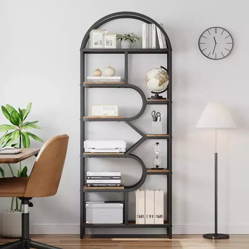 Garvee Bibliothèque 6 niveaux, étagère arquée 207,5 cm de haut, présentoirs, étagère de rangement ouverte géométrique, porte-livres unique, cadre en métal