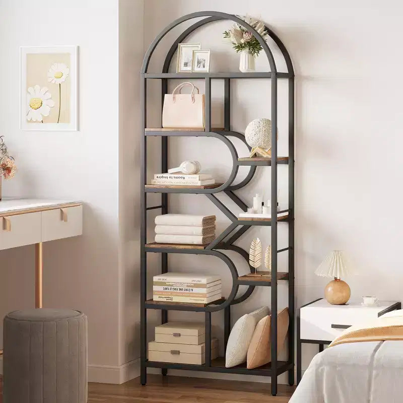 Garvee Bibliothèque 6 niveaux, étagère arquée 207,5 cm de haut, présentoirs, étagère de rangement ouverte géométrique, porte-livres unique, cadre en métal